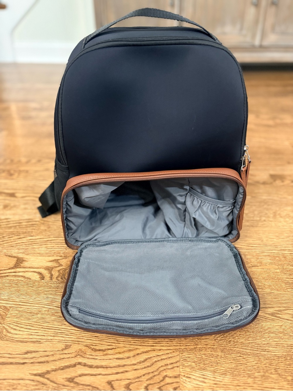 Freshly Picked Black Neoprene and Brown Vegan Leather Mom Travel Backpack - Picture 7 of 14